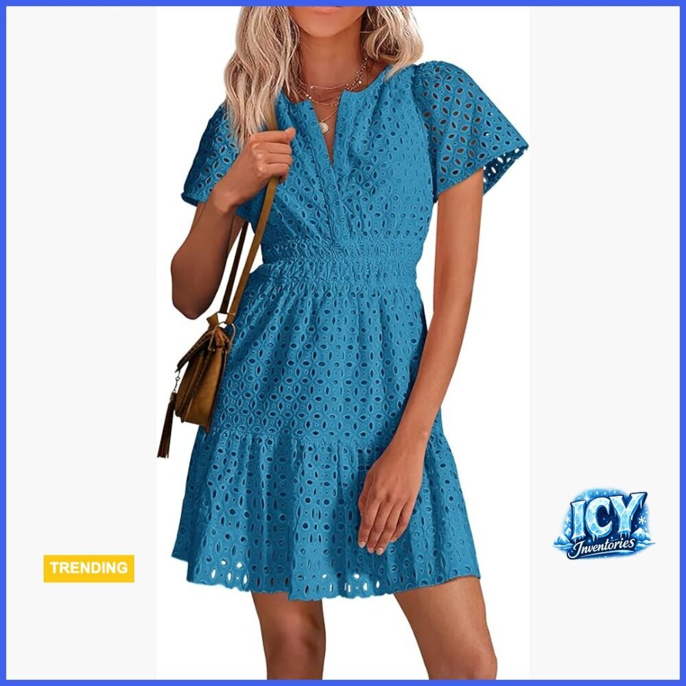 Cotton V-Neck Short Sleeve A-Line Lace Hollow Out Casual Dress